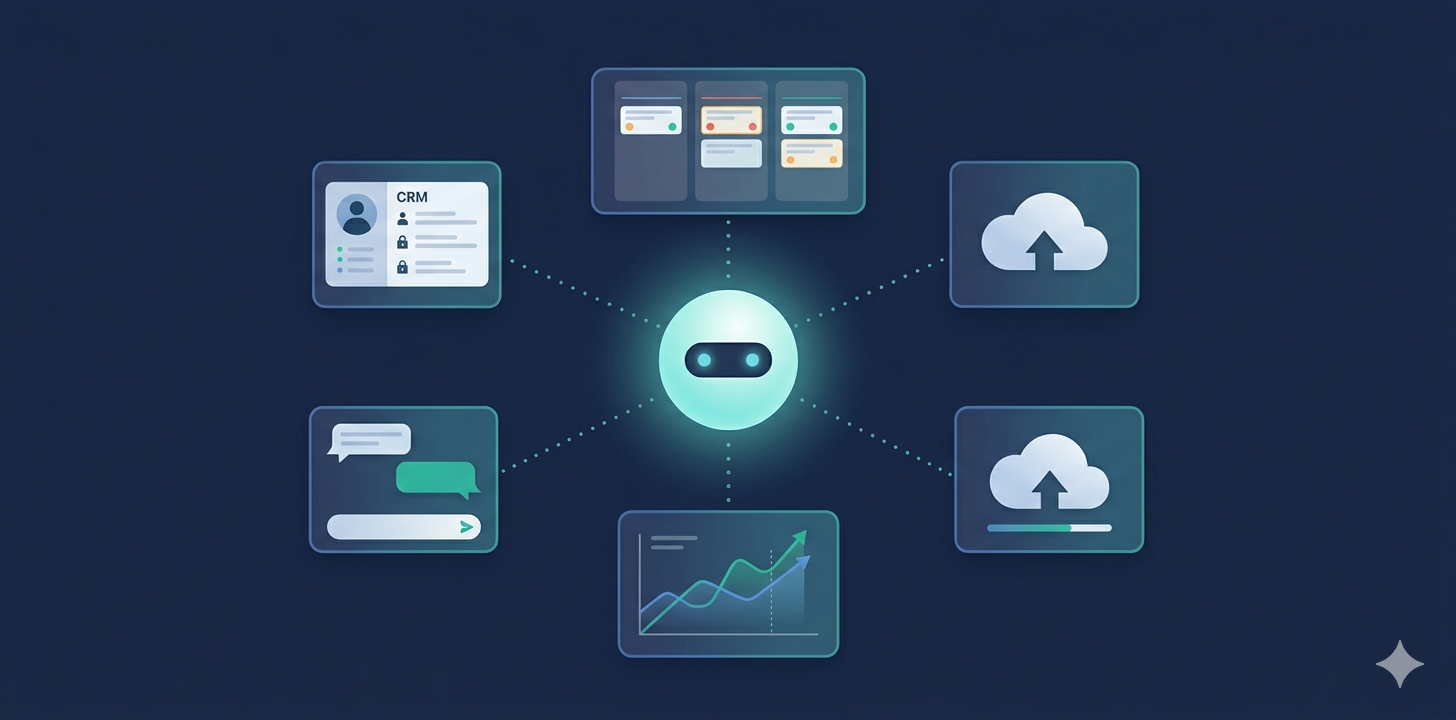 Conceptual illustration of an AI agent accessing multiple enterprise systems through a central MCP layer