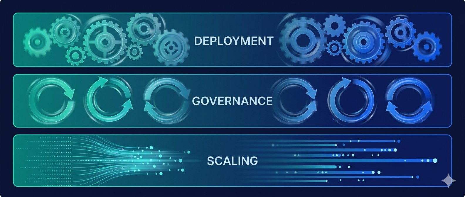 Three layers of speed — development, iteration, runtime — stacked illustration